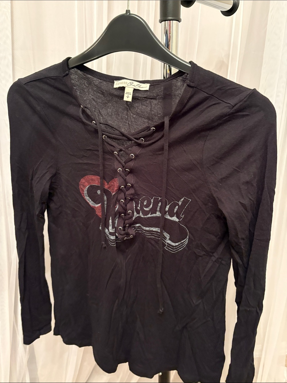 Express Black Long-Sleeve Lace-Up Tee with Red Heart Graphic